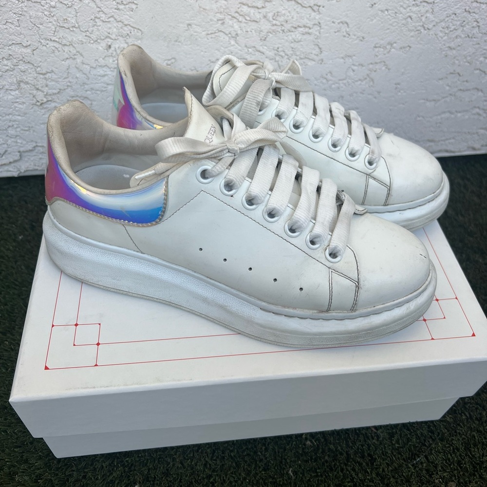 Worn Alexandra McQueen Larry oversized sneakers. Color: White/shock. Size 40